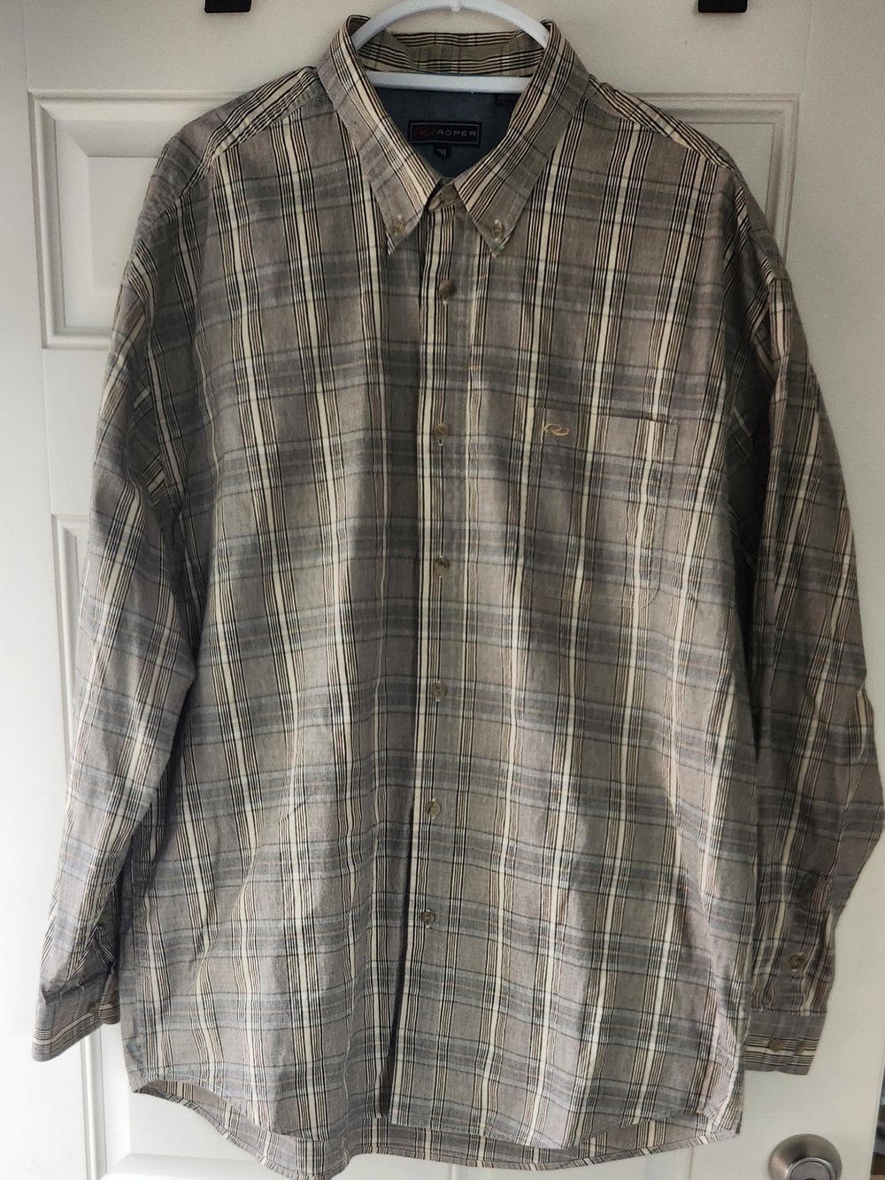 Mens Roper Long Sleeve Tan and Gray Plaid Button-Down Shirt